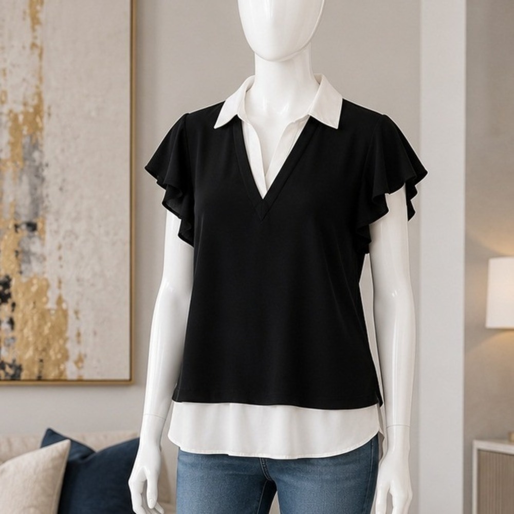 Adrianna Papell Womens Layered Top Black White Flutter Sleeve Small